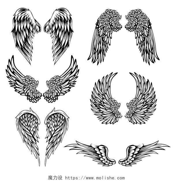 简笔风格羽毛细节黑白矢量翅膀元素